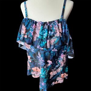 Island Escape‎ Women's Swim Top 24W Black Floral Ruffle Off Shoulder Tankini